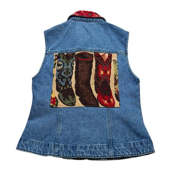 Vintage USA Made Denim Vest Western Cowboy Boot Patch Red Bandana Accents Size M - Picture 4 of 12